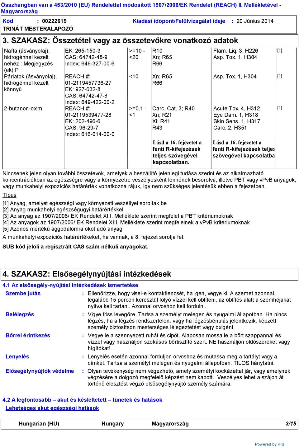 Index 649-327-00-6 REACH # 01-2119457736-27 EK 927-632-8 CAS 64742-47-8 Index 649-422-00-2 2-butanon-oxim REACH # 01-2119539477-28 EK 202-496-6 CAS 96-29-7 Index 616-014-00-0 Típus >=10 - <20 R10 Xn;