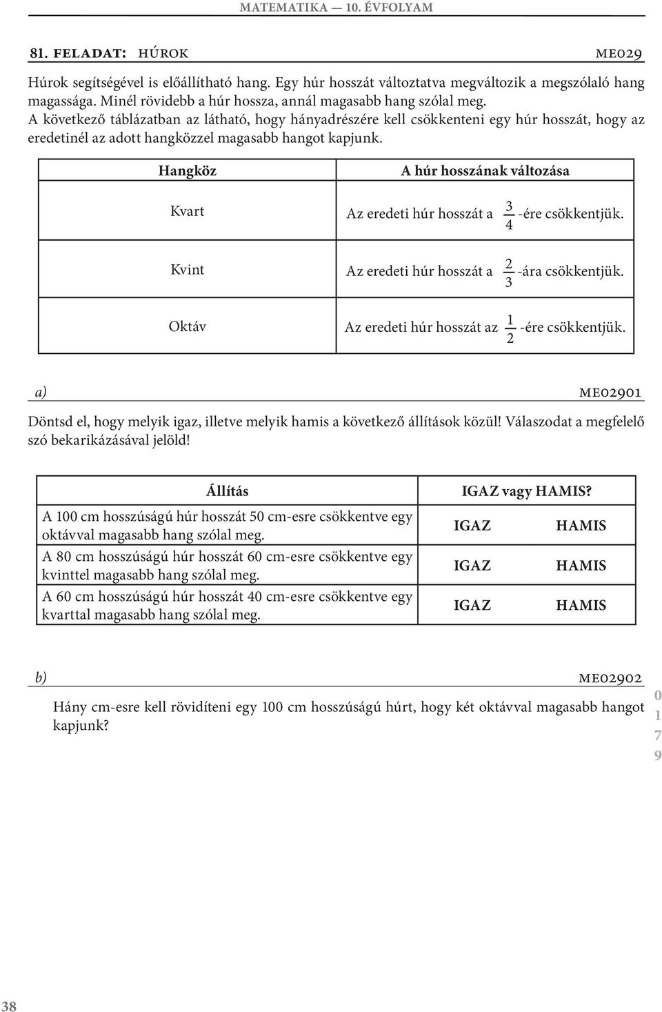 következő táblázatban az látható, hogy hányadrészére kell csökkenteni egy húr hosszát, hogy az eredetinél az adott hangközzel magasabb hangot kapjunk.