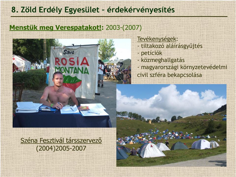 : 2003-(2007) Tevékenységek: - tiltakozó aláírásgyűjtés -