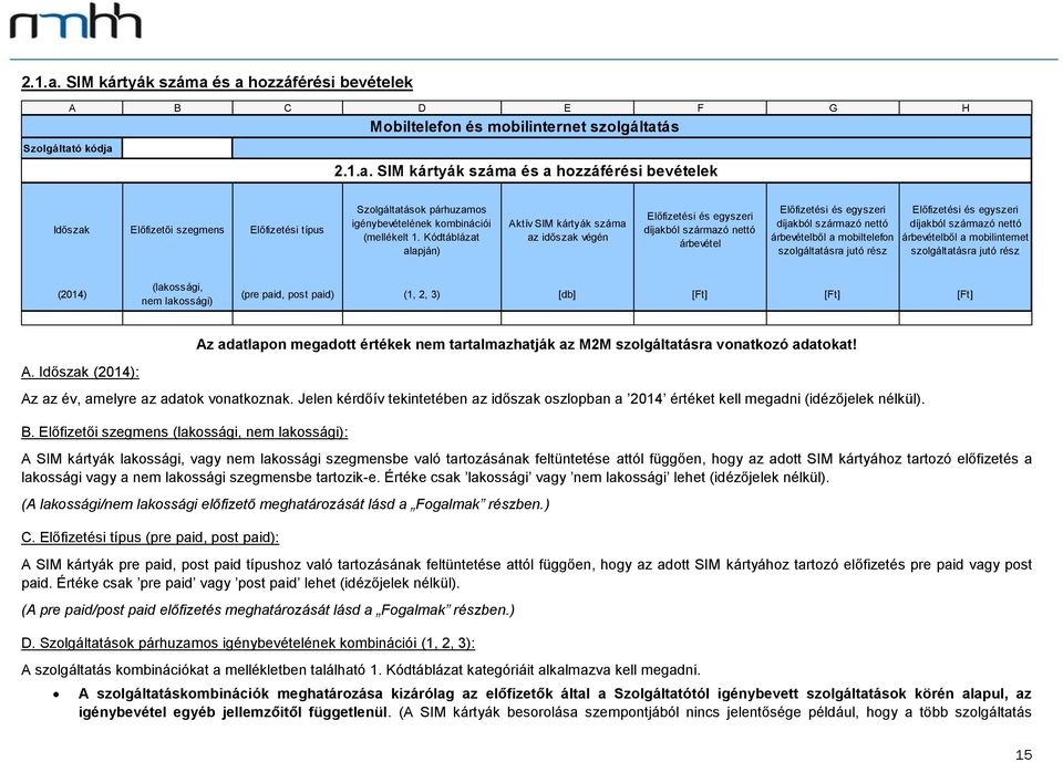 szolgáltatásra jutó rész Előfizetési és egyszeri díjakból származó nettó árbevételből a mobilinternet szolgáltatásra jutó rész (2014) (lakossági, nem lakossági) (pre paid, post paid) (1, 2, 3) [db]