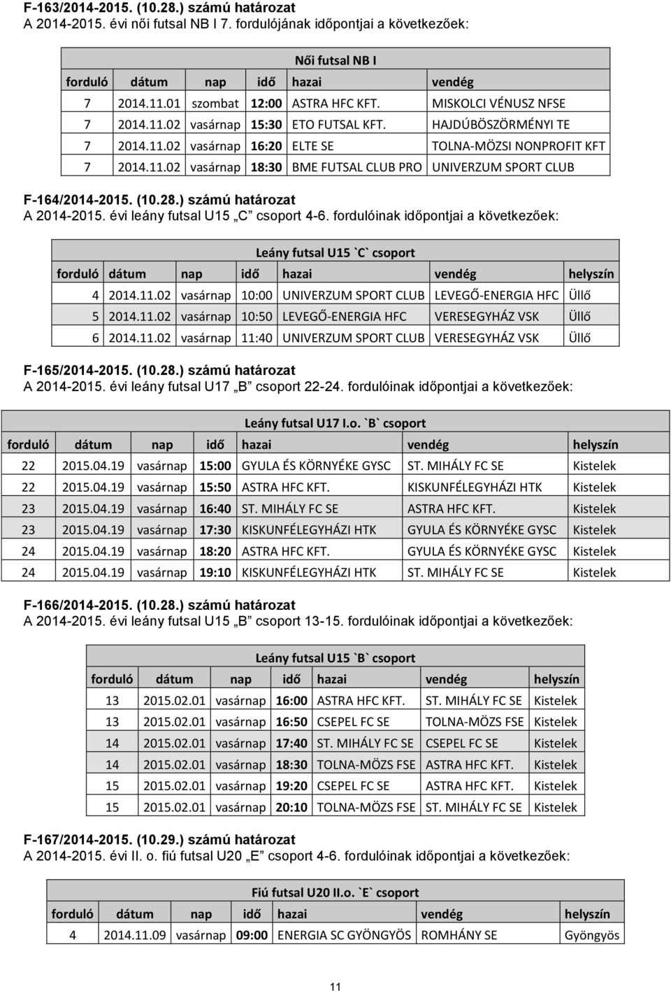 (10.28.) számú határozat A 2014-2015. évi leány futsal U15 C csoport 4-6. fordulóinak időpontjai a következőek: Leány futsal U15 `C` csoport 4 2014.11.