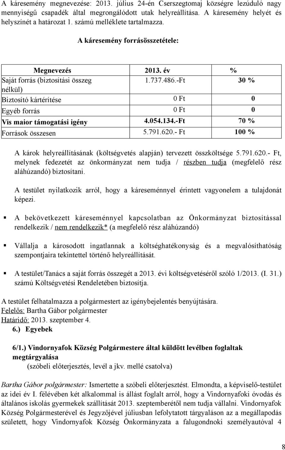 -Ft 30 % nélkül) Biztosító kártérítése 0 Ft 0 Egyéb forrás 0 Ft 0 Vis maior támogatási igény 4.054.134.-Ft 70 % Források összesen 5.791.620.