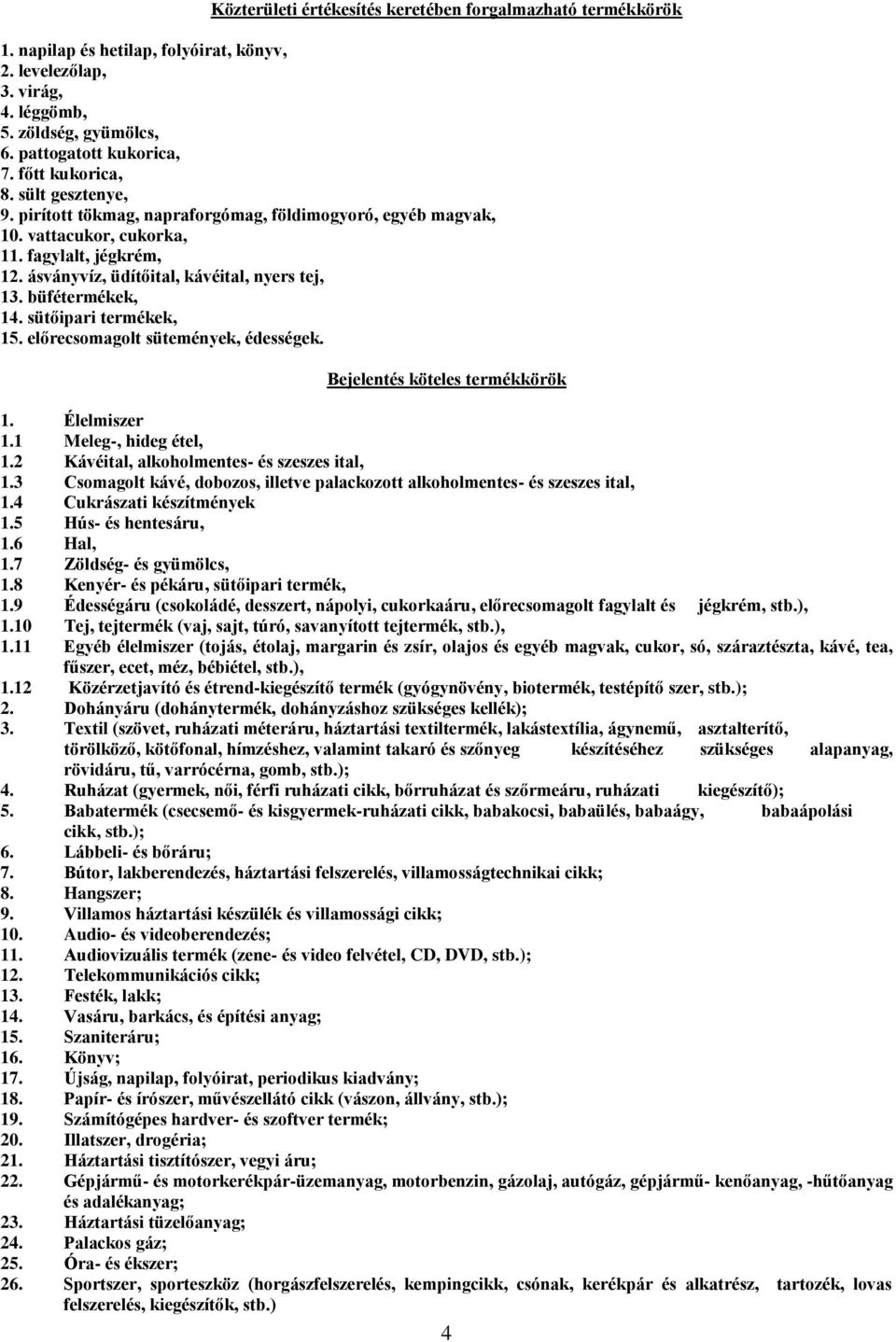 büfétermékek, 14. sütőipari termékek, 15. előrecsomagolt sütemények, édességek. Bejelentés köteles termékkörök 1. Élelmiszer 1.1 Meleg-, hideg étel, 1.2 Kávéital, alkoholmentes- és szeszes ital, 1.