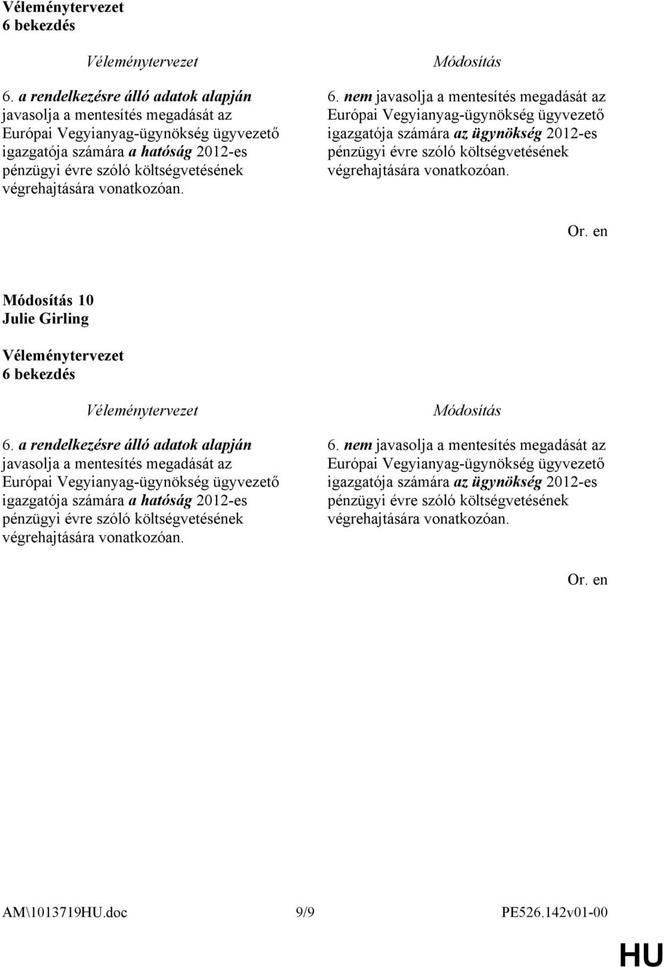 vonatkozóan. 6. nem javasolja a mentesítés megadását az Európai Vegyianyag-ügynökség ügyvezető igazgatója számára az ügynökség 2012-es pénzügyi évre szóló költségvetésének végrehajtására vonatkozóan.