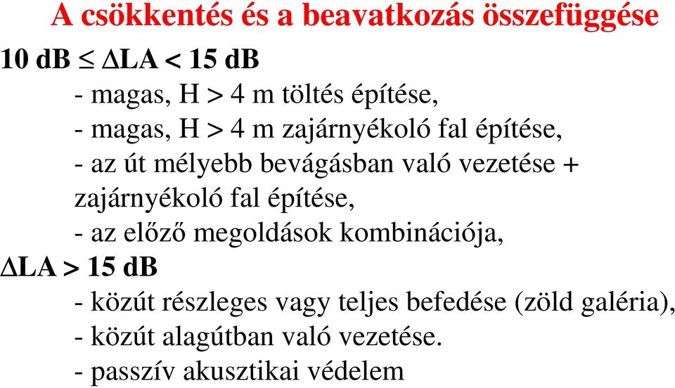 vezetése + zajárnyékoló fal építése, - az előző megoldások kombinációja, LA > 15 db - közút