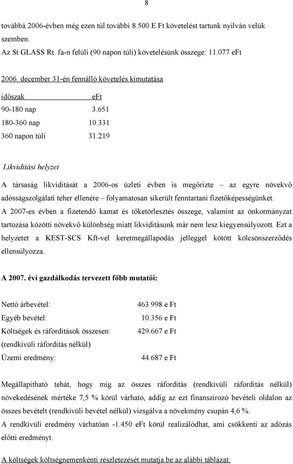 219 Likviditási helyzet A társaság likviditását a 2006-os üzleti évben is megőrizte az egyre növekvő adósságszolgálati teher ellenére folyamatosan sikerült fenntartani fizetőképességünket.