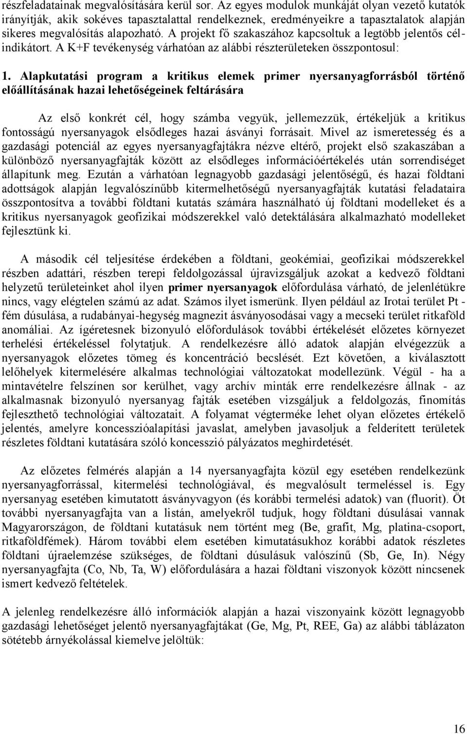 A projekt fő szakaszához kapcsoltuk a legtöbb jelentős célindikátort. A K+F tevékenység várhatóan az alábbi részterületeken összpontosul: 1.