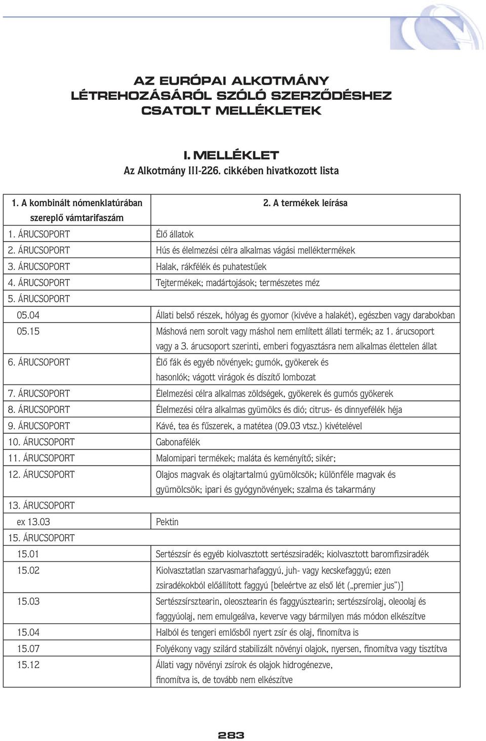 ÁRUCSOPORT Tejtermékek; madártojások; természetes méz 5. ÁRUCSOPORT 05.04 Állati belsô részek, hólyag és gyomor (kivéve a halakét), egészben vagy darabokban 05.