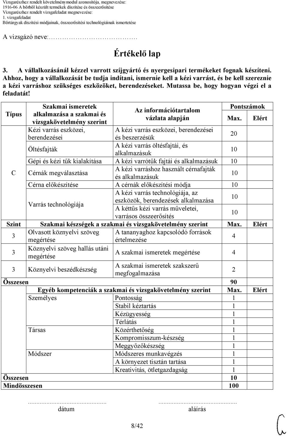 Típus Szakmai ismeretek alkalmazása a szakmai és vizsgakövetelmény szerint Kézi varrás eszközei, berendezései Az információtartalom vázlata alapján 8/2 Pontszámok Max.