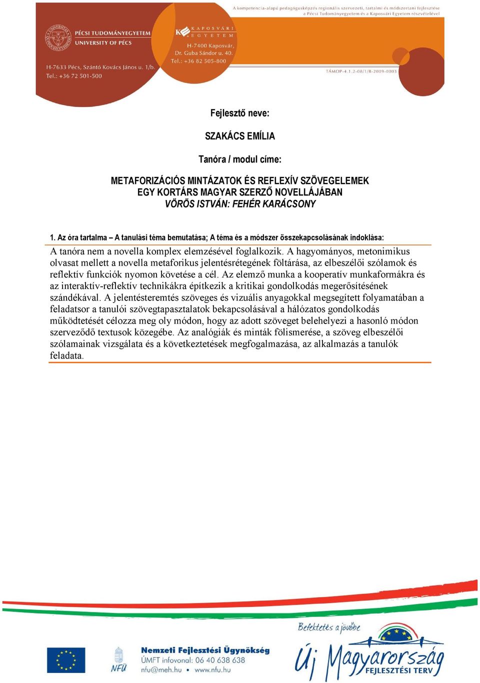 A hagyományos, metonimikus olvasat mellett a novella metaforikus jelentésrétegének föltárása, az elbeszélői szólamok és reflektív funkciók nyomon követése a cél.