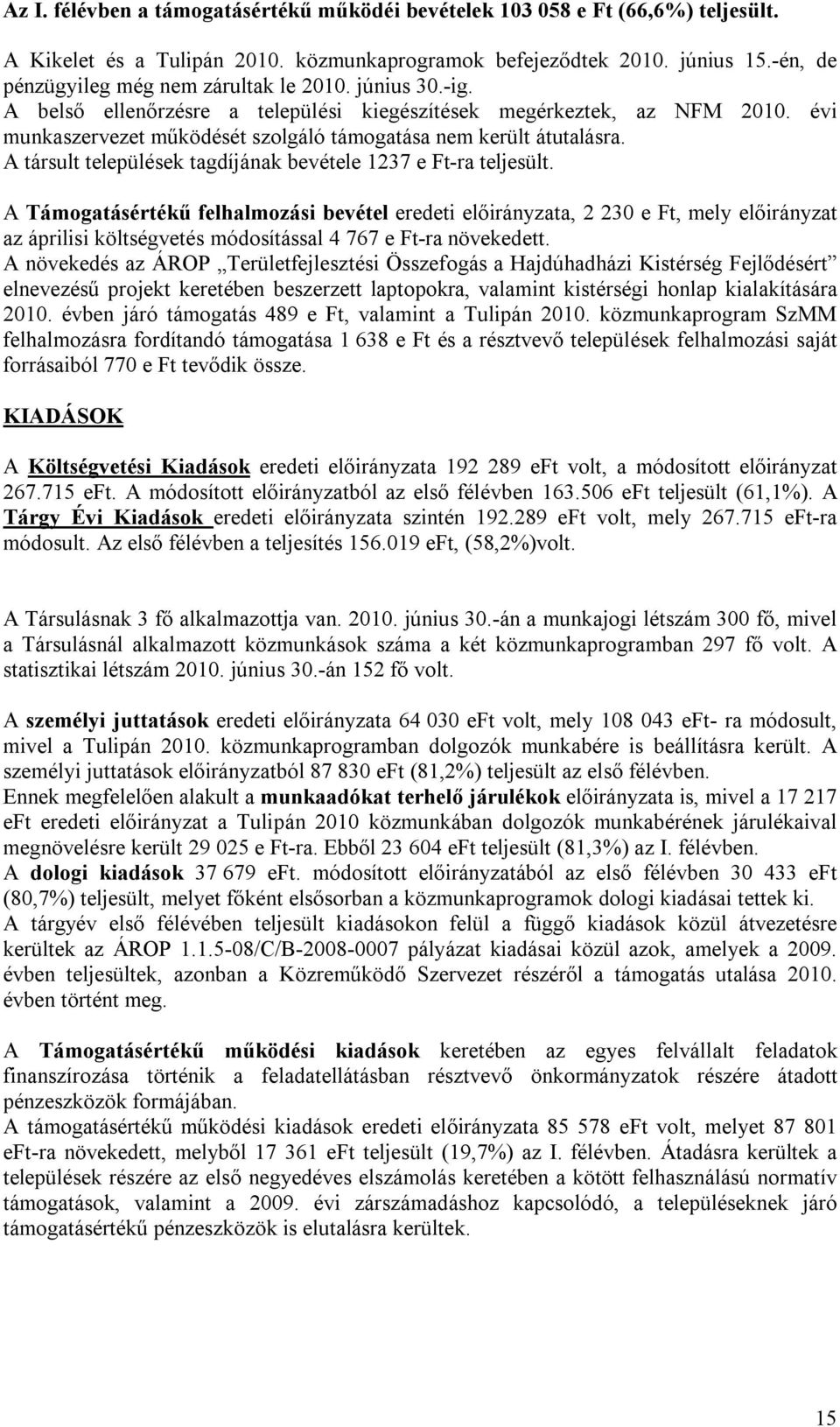 A társult települések tagdíjának bevétele 1237 e Ft-ra teljesült.