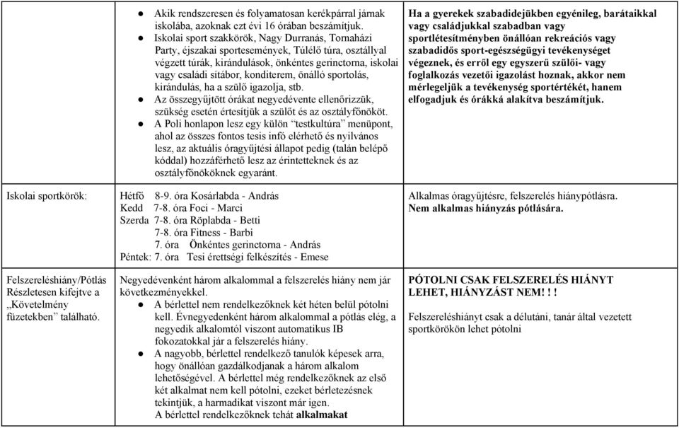 önálló sportolás, kirándulás, ha a szülő igazolja, stb. Az összegyűjtött órákat negyedévente ellenőrizzük, szükség esetén értesítjük a szülőt és az osztályfőnököt.