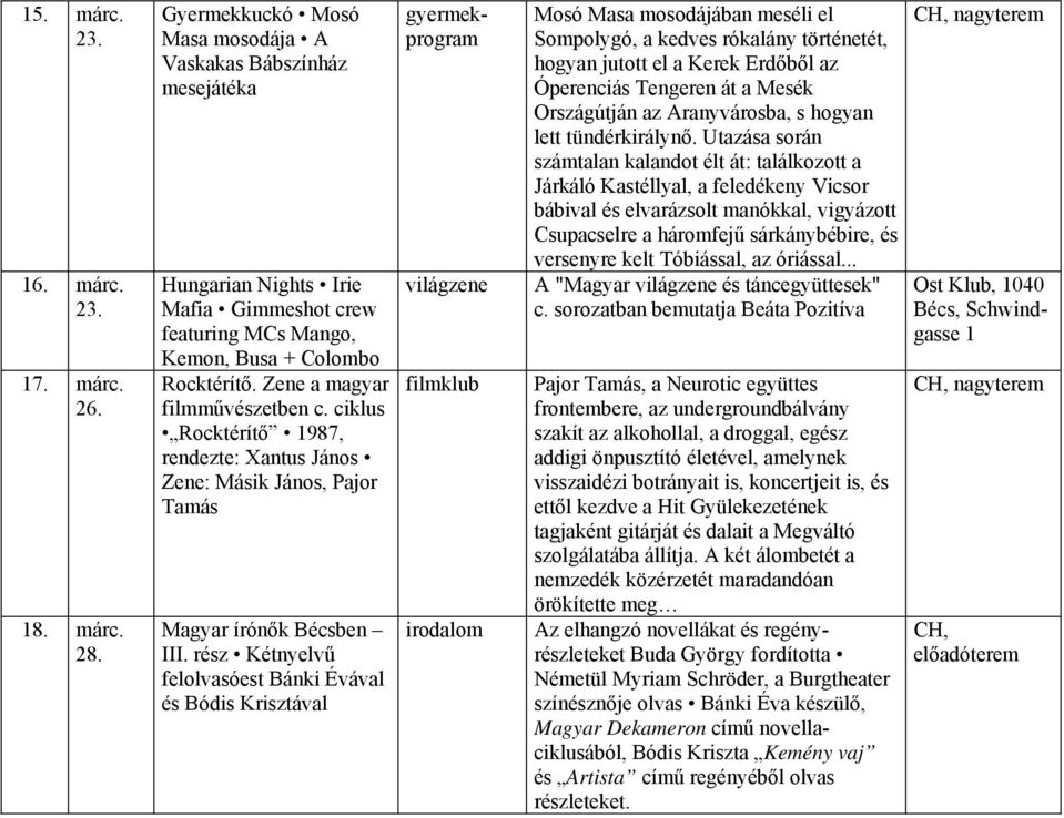 ciklus Rocktérítő 1987, rendezte: Xantus János Zene: Másik János, Pajor Tamás Magyar írónők Bécsben III.