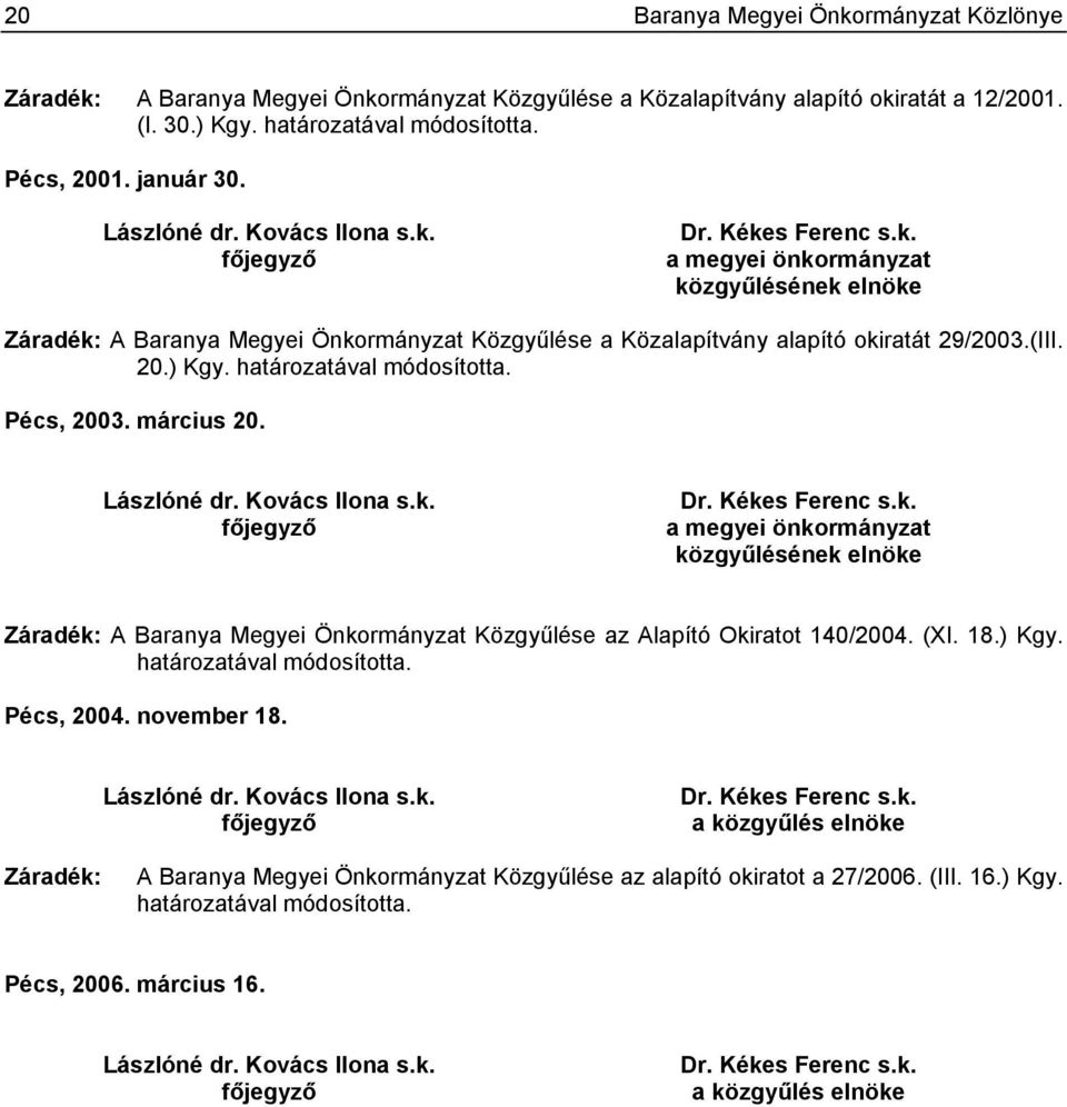 (III. 20.) Kgy. határozatával módosította. Pécs, 2003. március 20. Lászlóné dr. Kovács Ilona s.k.