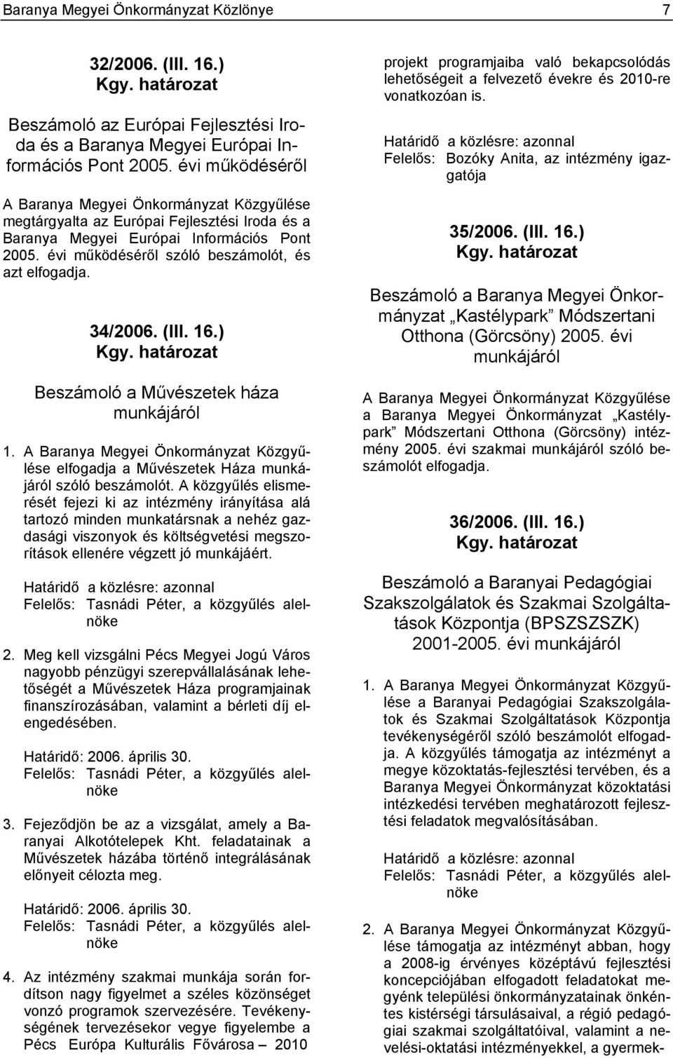 évi működéséről szóló beszámolót, és azt elfogadja. 34/2006. (III. 16.) Kgy. határozat Beszámoló a Művészetek háza munkájáról 1.