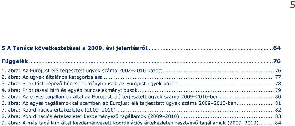 ábra: Az egyes tagállamok által az Eurojust elé terjesztett ügyek száma 2009 2010-ben... 80 6. ábra: Az egyes tagállamokkal szemben az Eurojust elé terjesztett ügyek száma 2009 2010-ben... 81 7.