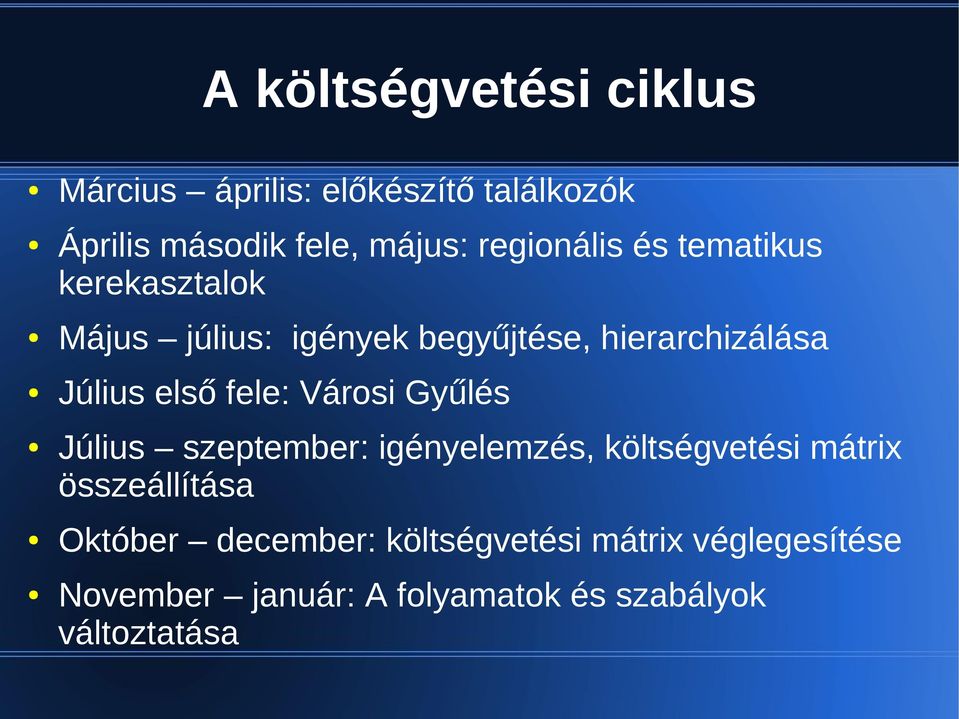 első fele: Városi Gyűlés Július szeptember: igényelemzés, költségvetési mátrix összeállítása