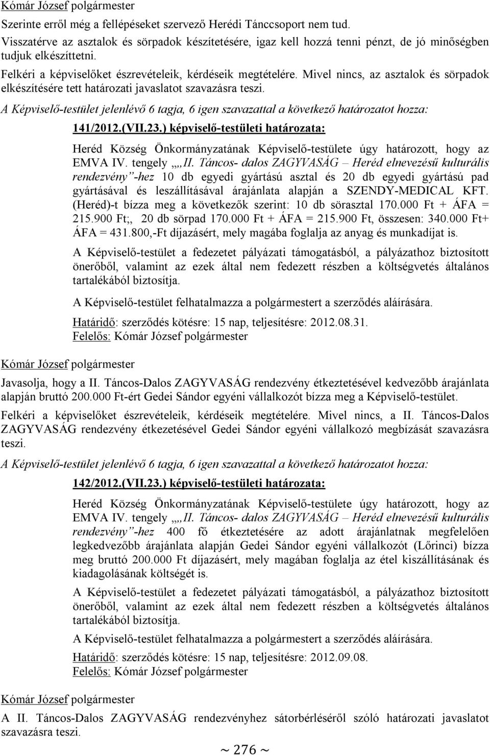 A Képviselő-testület jelenlévő 6 tagja, 6 igen szavazattal a következő határozatot hozza: 141/2012.(VII.23.