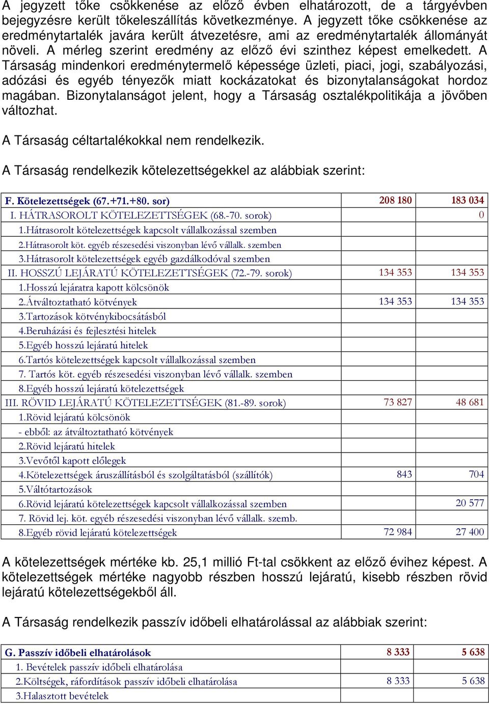 A Társaság mindenkori eredménytermelő képessége üzleti, piaci, jogi, szabályozási, adózási és egyéb tényezők miatt kockázatokat és bizonytalanságokat hordoz magában.