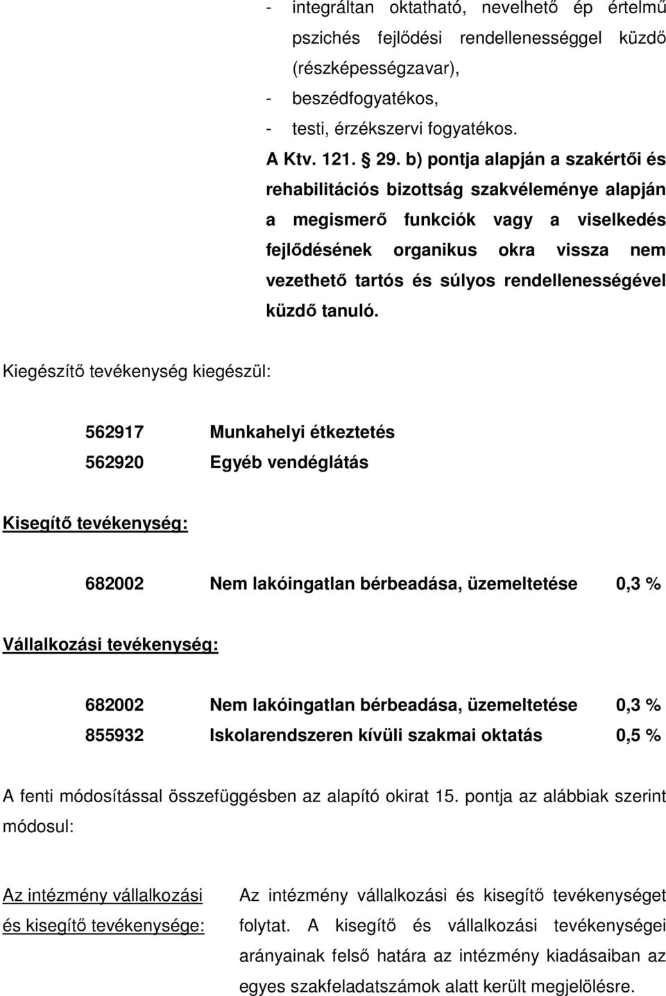 Vállalkozási tevékenység: 682002 Nem lakóingatlan bérbeadása, üzemeltetése 0,3 % 855932 Iskolarendszeren kívüli szakmai oktatás 0,5 % A fenti módosítással összefüggésben