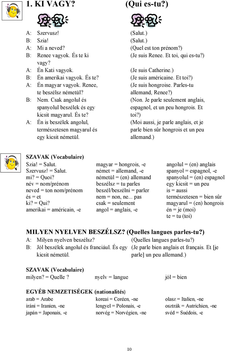 Et toi, qui es-tu?) (Je suis Catherine.) (Je suis américaine. Et toi?) (Je suis hongroise. Parles-tu allemand, Renee?) (Non. Je parle seulement anglais, espagnol, et un peu hongrois. Et toi?) (Moi aussi, je parle anglais, et je parle bien sûr hongrois et un peu allemand.