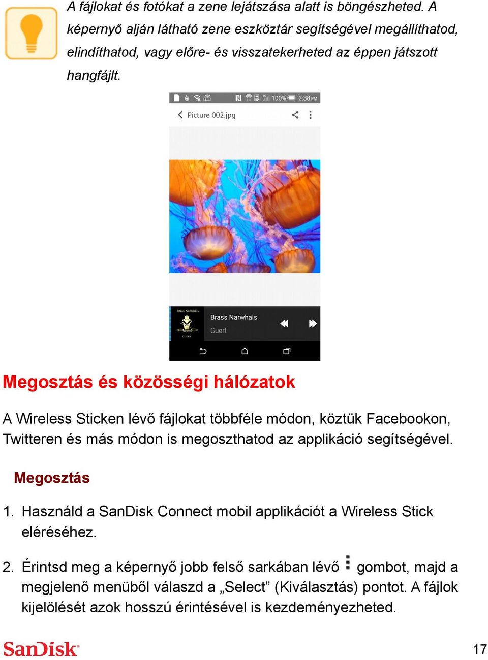 Megosztás és közösségi hálózatok A Wireless Sticken lévő fájlokat többféle módon, köztük Facebookon, Twitteren és más módon is megoszthatod az