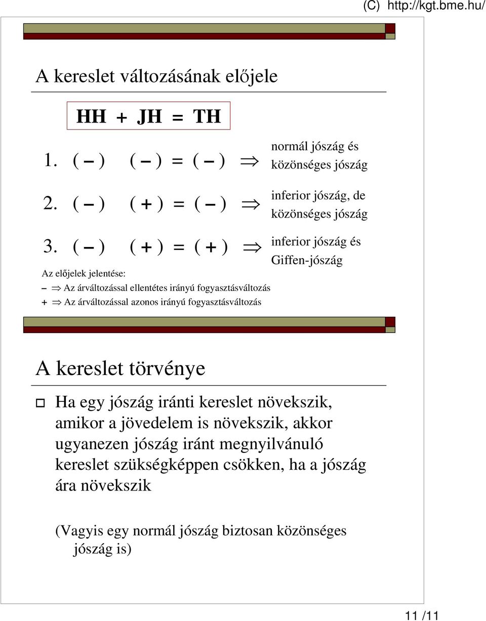 ( ) ( + ) ( + ) Az elıjelek jelentése: Az árváltozássl ellentétes irányú fogysztásváltozás + Az árváltozássl zonos irányú fogysztásváltozás