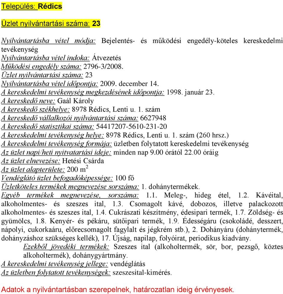 1. szám (260 hrsz.) Az üzlet napi/heti nyitvatartási ideje: minden nap 9.00 órától 22.