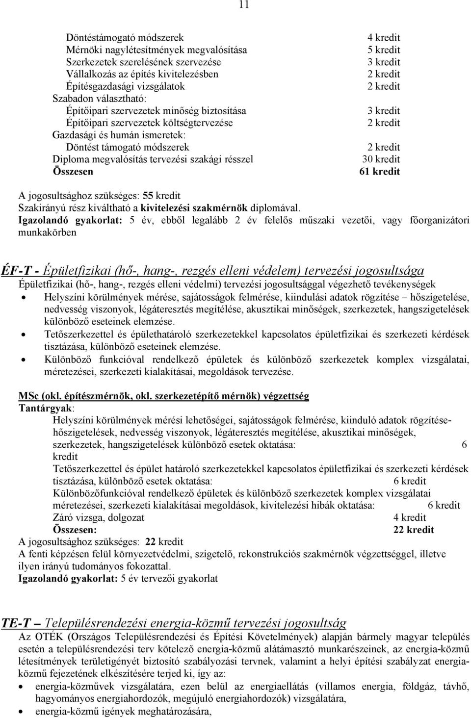 kredit 61 kredit A jogosultsághoz szükséges: 55 kredit Szakirányú rész kiváltható a kivitelezési szakmérnök diplomával.