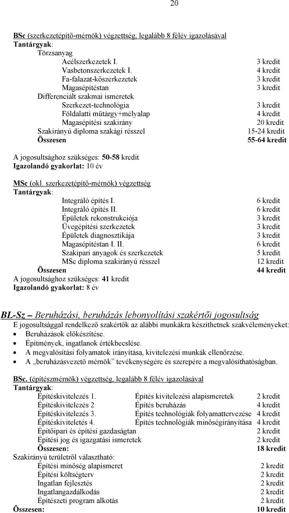 A jogosultsághoz szükséges: 50-58 kredit Igazolandó gyakorlat: 10 év MSc (okl. szerkezetépítő-mérnök) végzettség Integráló építés I. Integráló építés II.