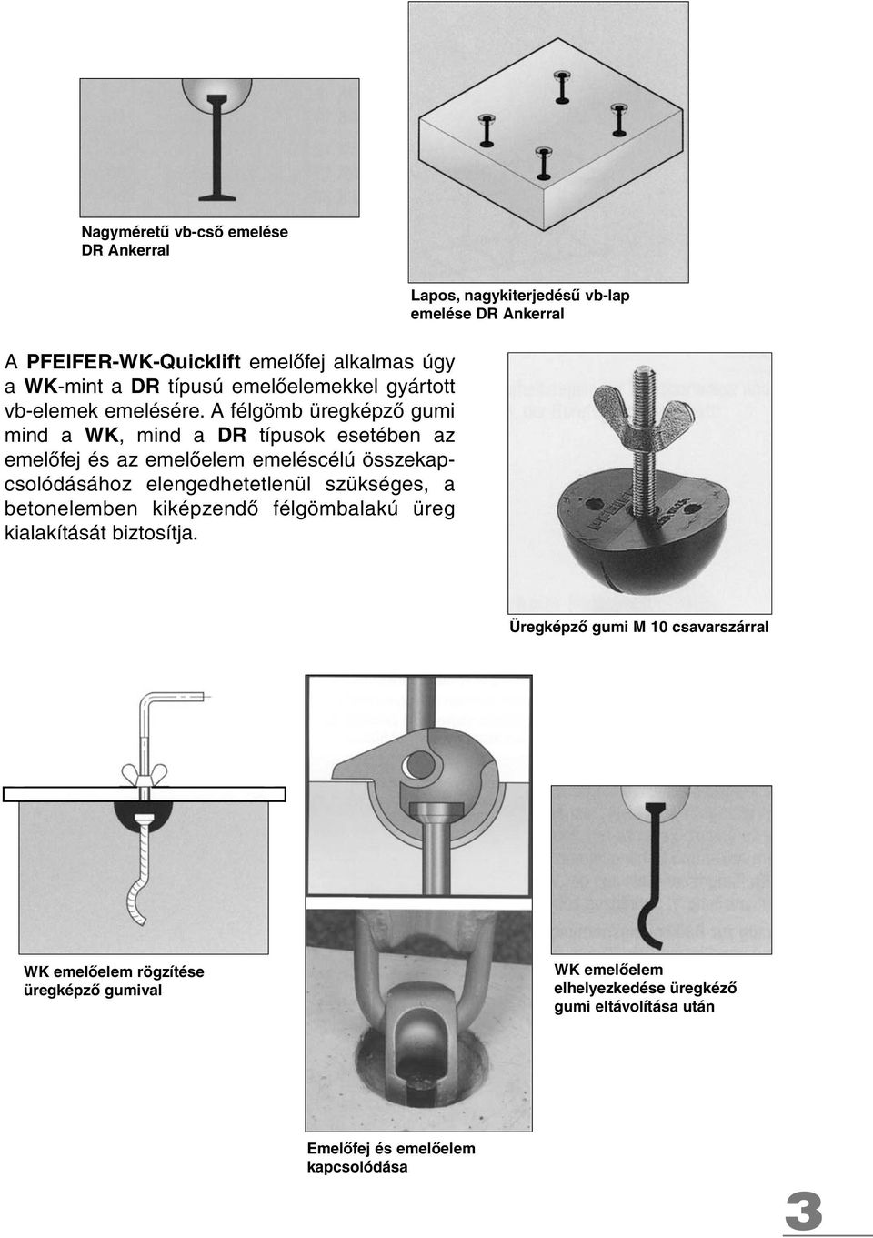 A félgömb üregképzô gumi mind a WK, mind a DR típusok esetében az emelôfej és az emelôelem emeléscélú összekapcsolódásához elengedhetetlenül