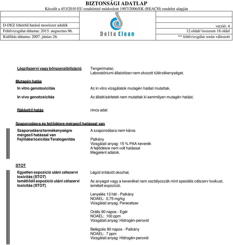 Rákkeltő hatás Szaporodásra és fejlődésre mérgező hatással van Szaporodásra/termékenységre mérgező hatással van Fejlődési toxicitás/teratogenitás A szaporodásra nem káros Patkány Vizsgálati anyag: 15