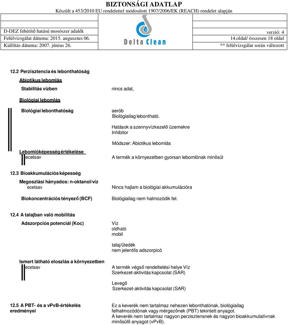 3 Bioakkumulációs képesség Megoszlási hányados: n-oktanol/víz ecetsav Biokoncentrációs tényező (BCF) Nincs hajlam a biológiai akkumulációra Biológiailag nem halmozódik fel. 12.