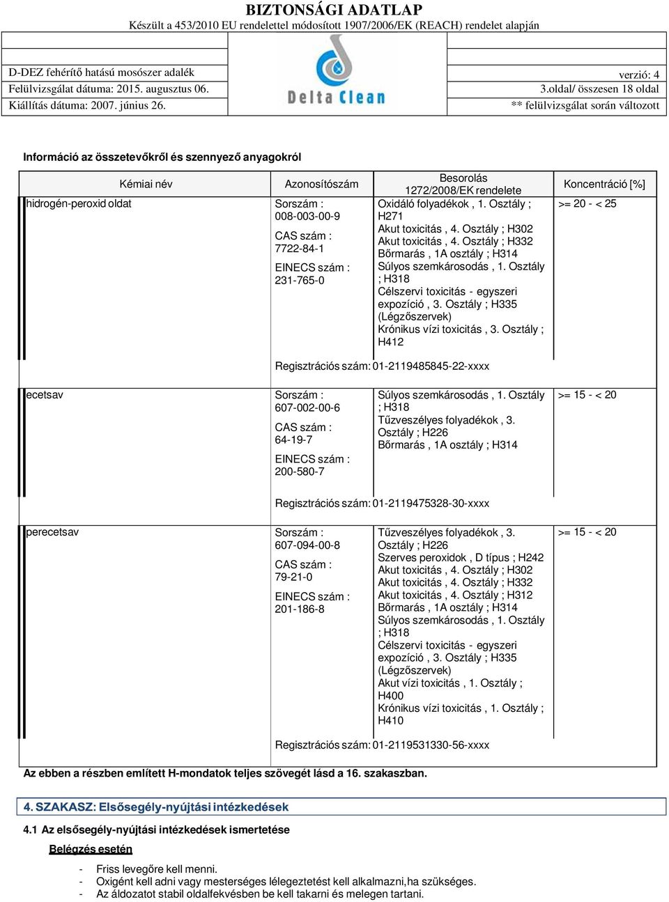 Osztály 231-765-0 ; H318 Célszervi toxicitás - egyszeri expozíció, 3. Osztály ; H335 (Légzőszervek) Krónikus vízi toxicitás, 3.