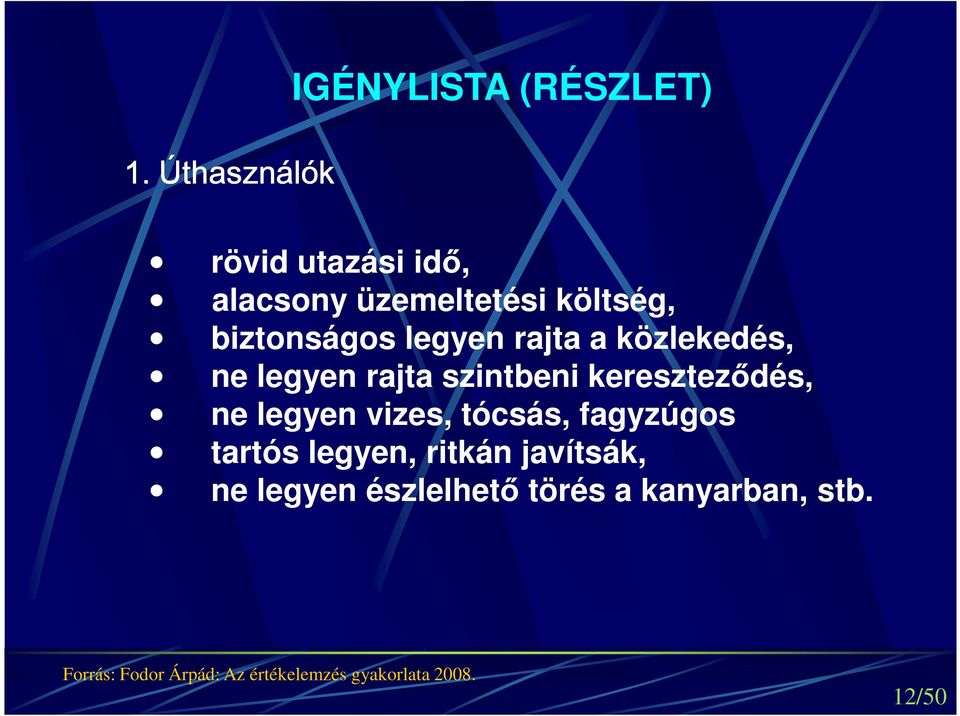 kereszteződés, ne legyen vizes, tócsás, fagyzúgos tartós legyen, ritkán javítsák, ne