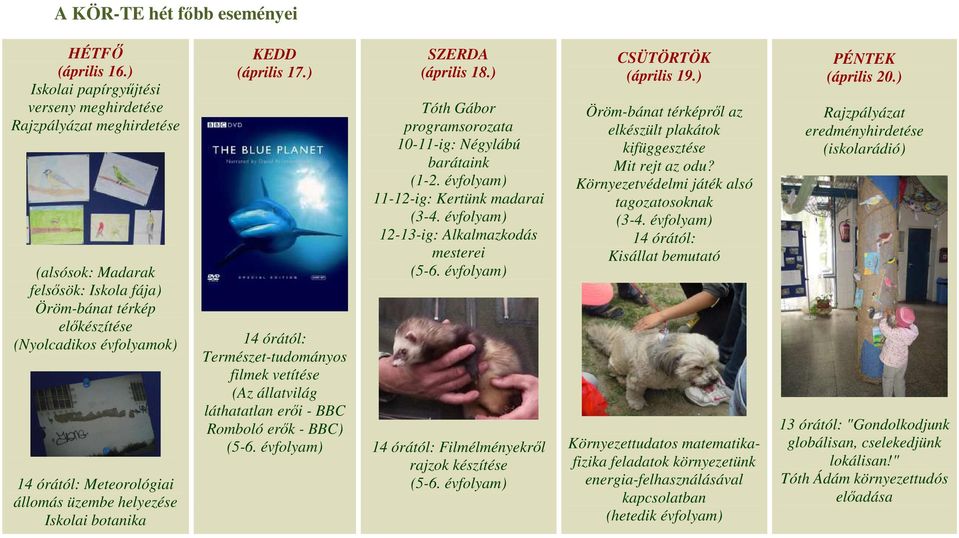 állomás üzembe helyezése Iskolai botanika KEDD (április 17.) 14 órától: Természet-tudományos filmek vetítése (Az állatvilág láthatatlan erői - BBC Romboló erők - BBC) (5-6.