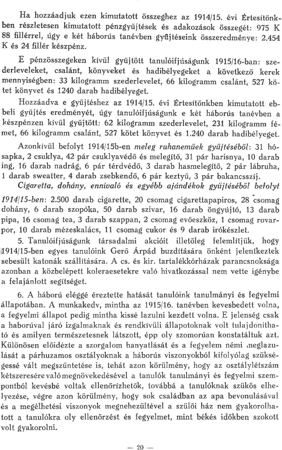 E pénzösszegeken kívü gyűjtött tanuóifjúságunk 1915/16-ban: szedereveeket, csaánt, könyveket és hadibéyegeket a következő kerek mennyiségben: 33 kiogramm szedereveet, 66 kiogramm csaánt, 527 kötet