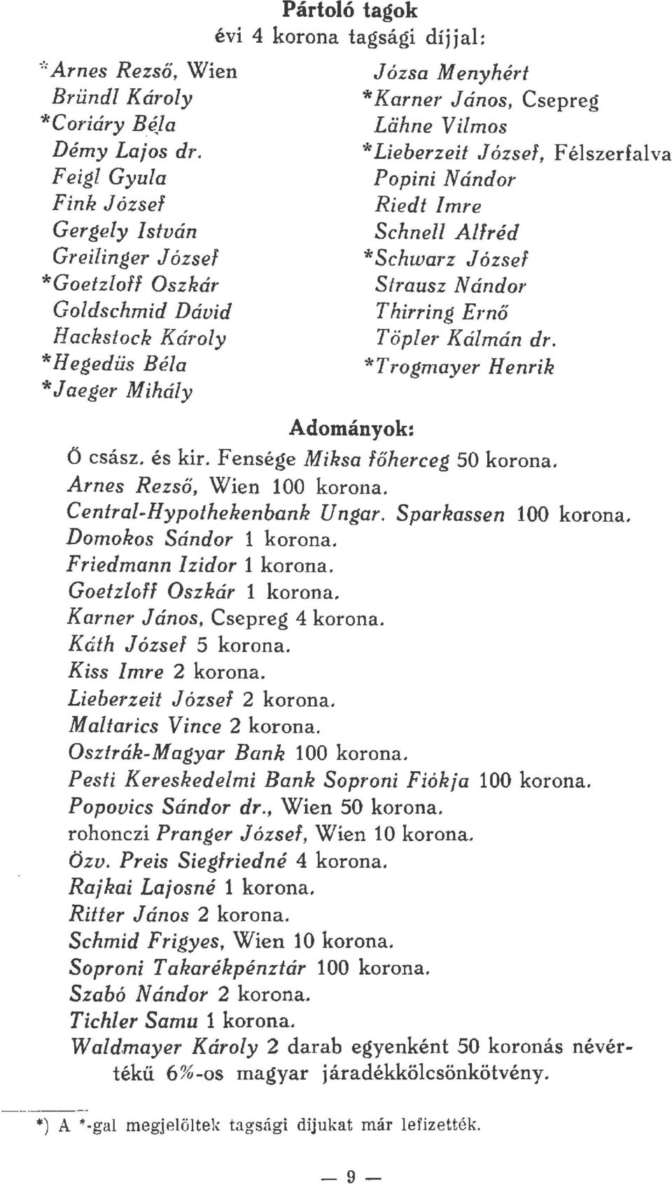 enyhért * Karner János, Csepreg Liihne Vimos * Lieberzeit József, Fé szedava Popini Nándor Riedt Imre Schne! Afréd *Schwarz J ózse Strausz Nándor Thirring Ernő Töper Kámán dr.