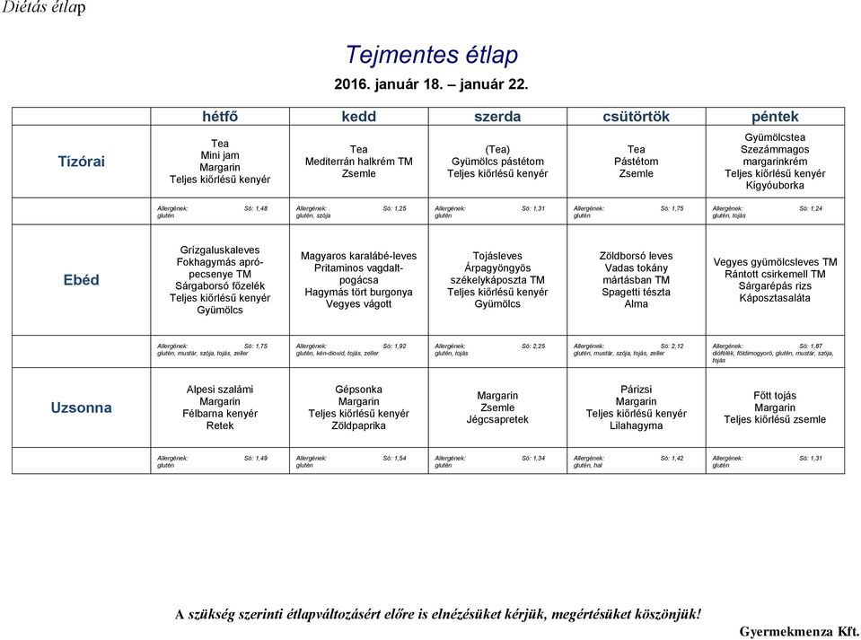 Magyaros karalábé-leves Pritaminos vagdaltpogácsa Hagymás tört burgonya Vegyes vágott Tojásleves Árpagyöngyös székelykáposzta TM Zöldborsó leves