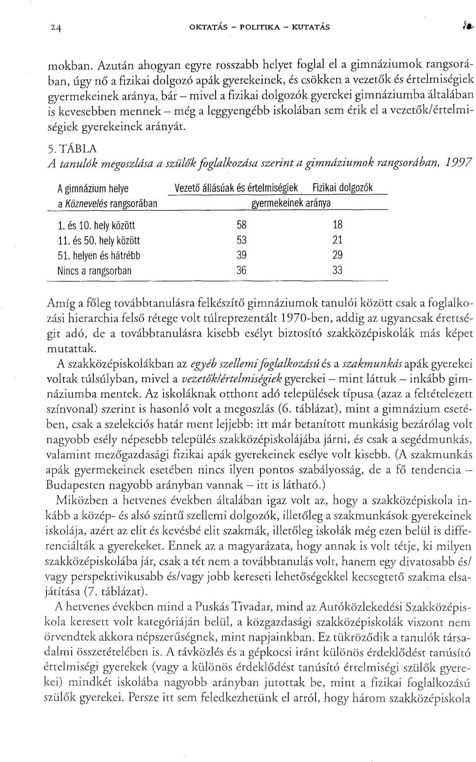 dolgozók gyerekei gimnáziumba általában is kevesebben mennek - még a leggyengébb iskolában sem érik el a vezetők/értelmiségiek gyerekeinek arányát. 5.