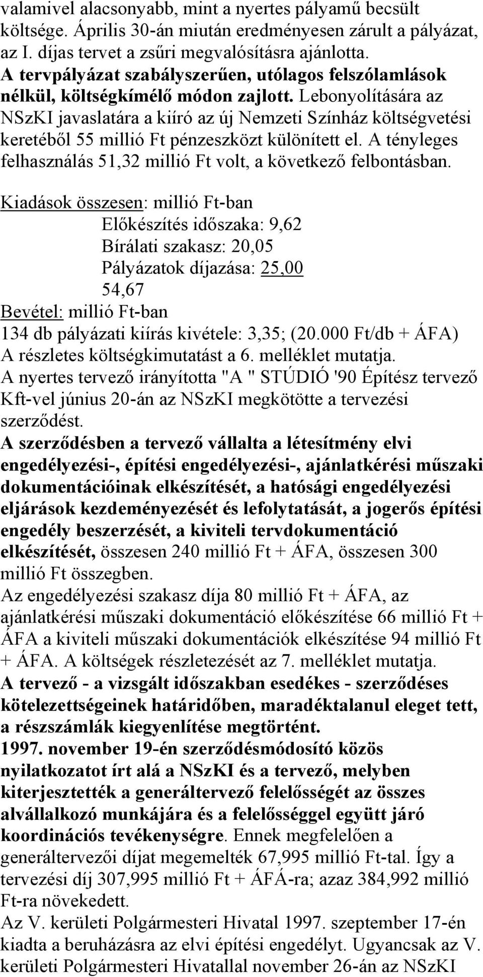 Lebonyolítására az NSzKI javaslatára a kiíró az új Nemzeti Színház költségvetési keretéből 55 millió Ft pénzeszközt különített el.