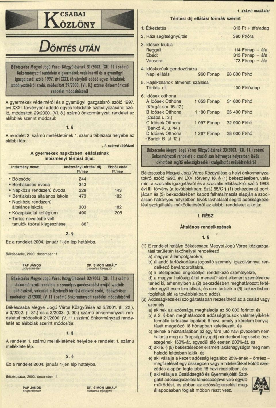 törvényből adódó egyes teladatok szabályozásáról szóló, módosított 29/2000. (VI. 8.) számú önkormányzati rendelet az alábbiak szerint módosul: 1. A rendelet 2. számú mellékletének 1.