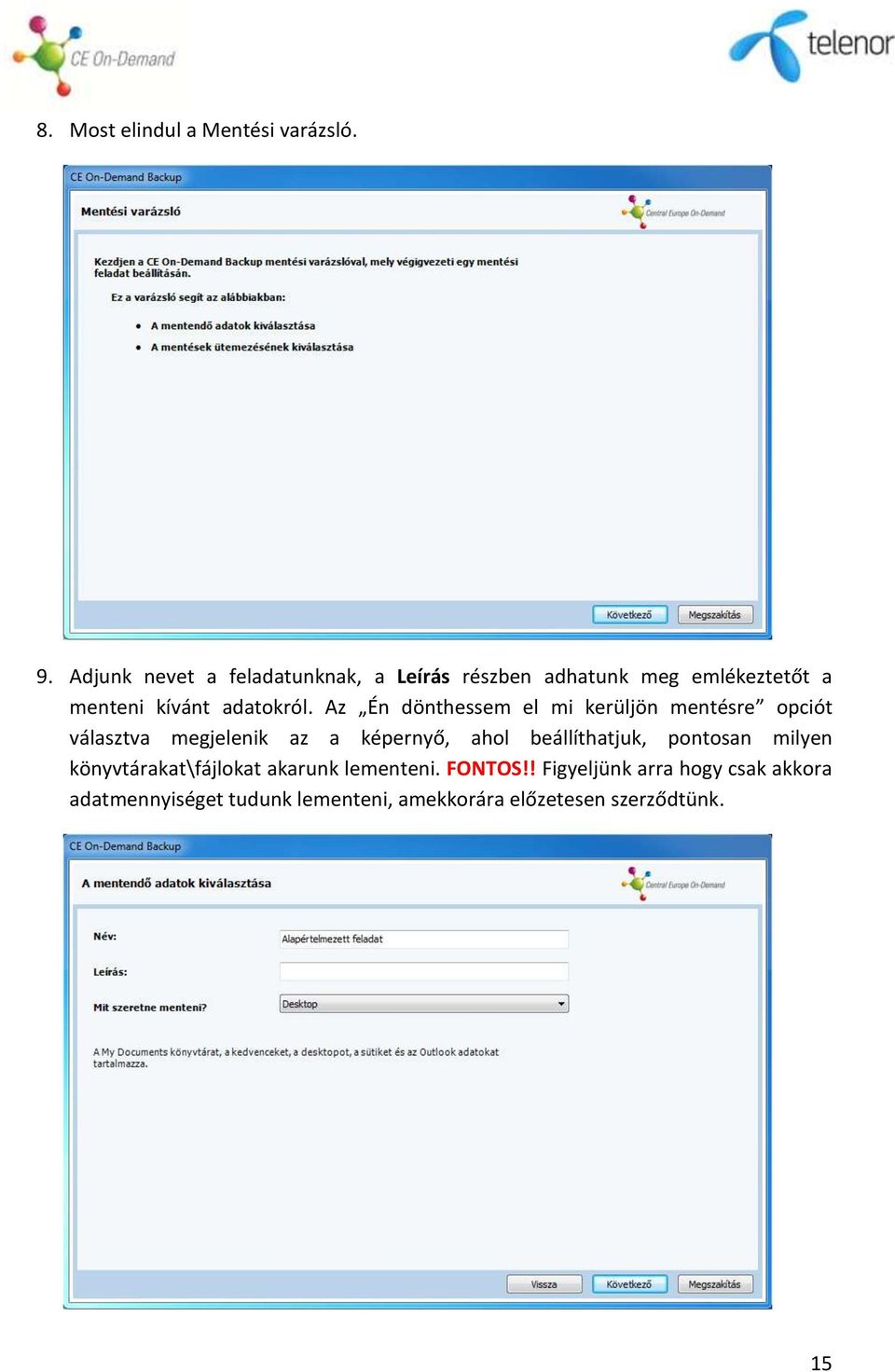 Az Én dönthessem el mi kerüljön mentésre opciót választva megjelenik az a képernyő, ahol beállíthatjuk,