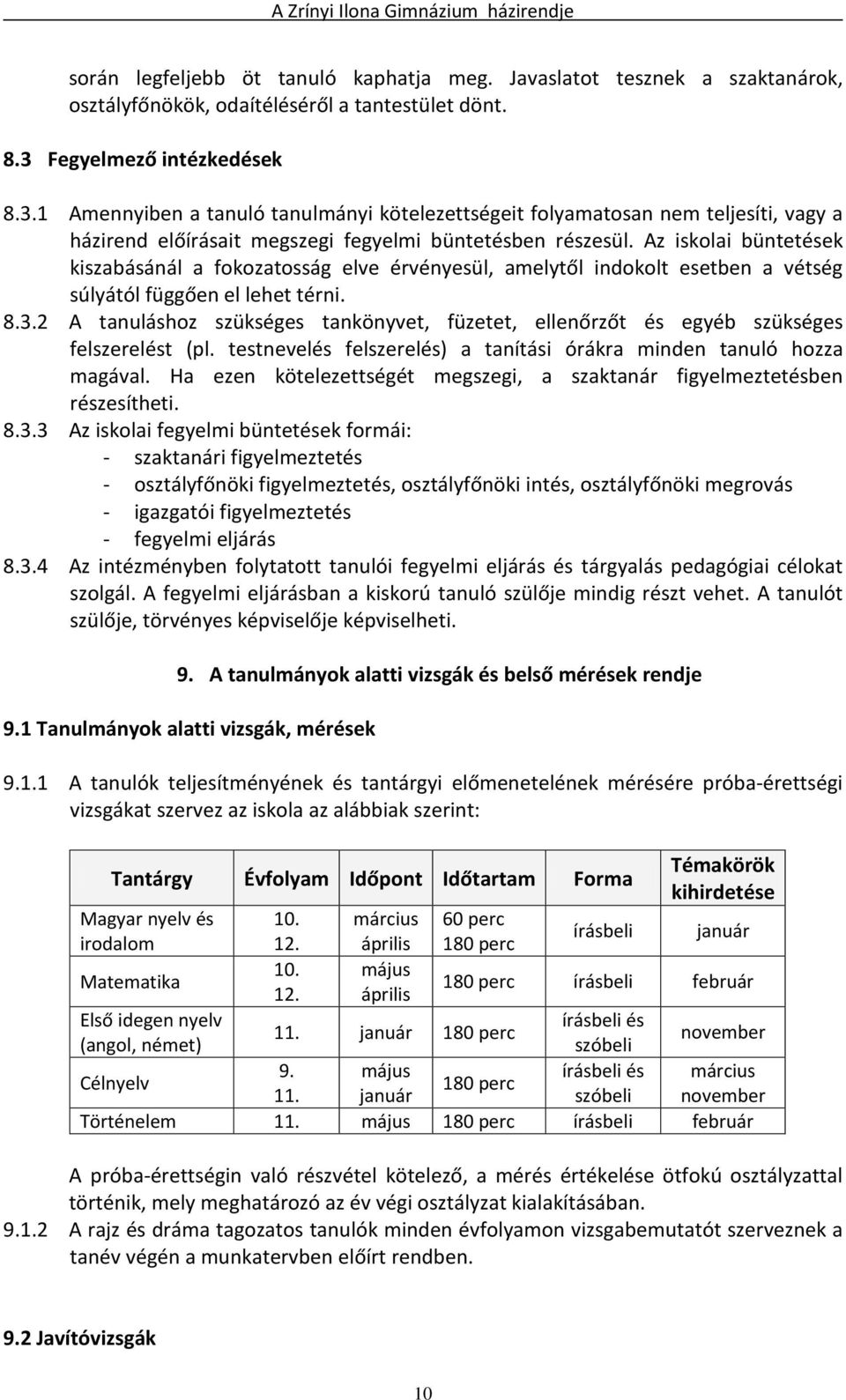 Az iskolai büntetések kiszabásánál a fokozatosság elve érvényesül, amelytől indokolt esetben a vétség súlyától függően el lehet térni. 8.3.