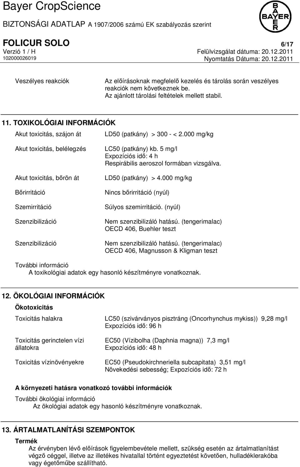 000 mg/kg Akut toxicitás, belélegzés Akut toxicitás, bőrön át Bőrirritáció Szemirritáció Szenzibilizáció Szenzibilizáció LC50 (patkány) kb.