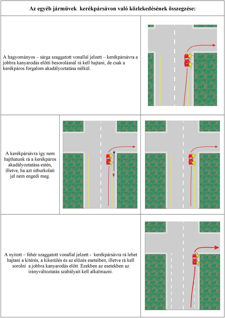 A kerékpársávra így nem hajthatunk rá a kerékpáros akadályoztatása estén, illetve, ha azt útburkolati jel nem engedi meg.