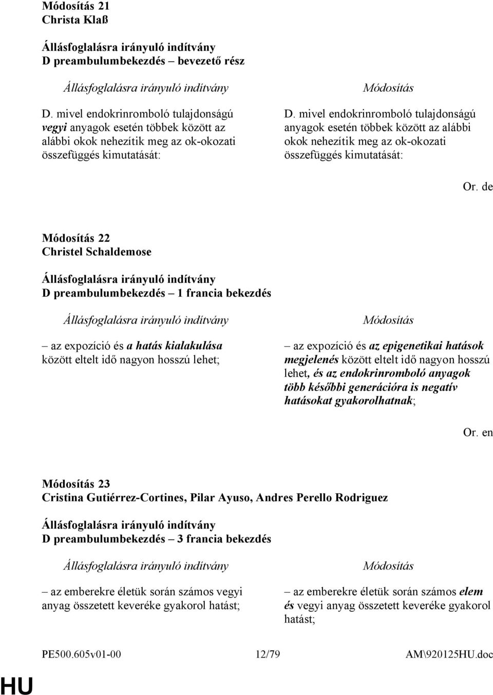 de 22 Christel Schaldemose D preambulumbekezdés 1 francia bekezdés az expozíció és a hatás kialakulása között eltelt idő nagyon hosszú lehet; az expozíció és az epigenetikai hatások megjelenés között