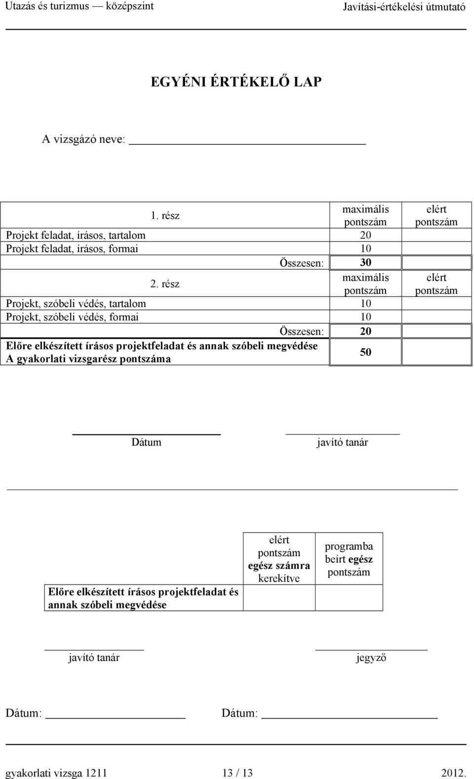 annak szóbeli megvédése A gyakorlati vizsgarész pontszáma 50 elért pontszám elért pontszám Dátum javító tanár Előre elkészített írásos projektfeladat és