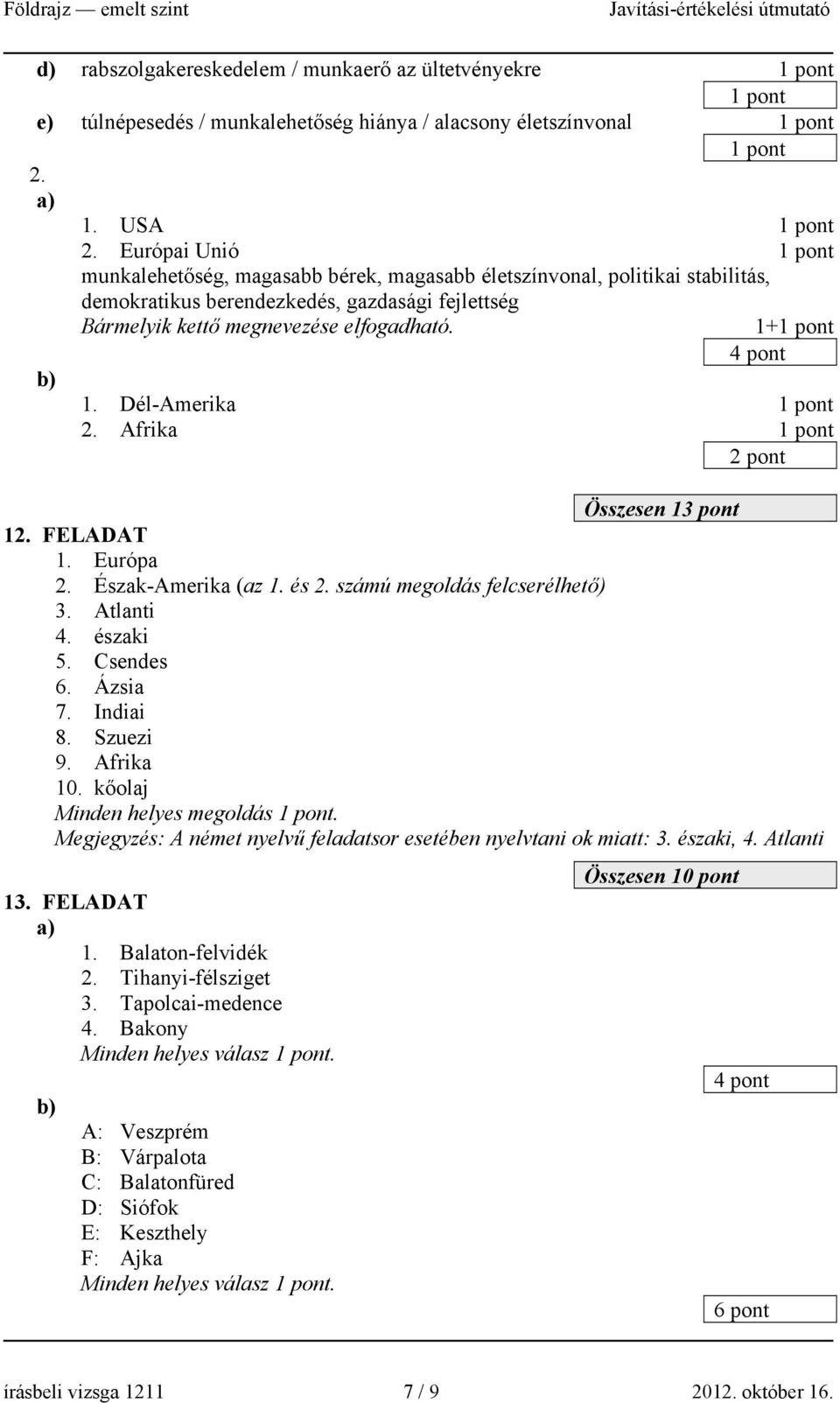 Dél-Amerika 2. Afrika Összesen 13 pont 12. FELADAT 1. Európa 2. Észak-Amerika (az 1. és 2. számú megoldás felcserélhető) 3. Atlanti 4. északi 5. Csendes 6. Ázsia 7. Indiai 8. Szuezi 9. Afrika 10.