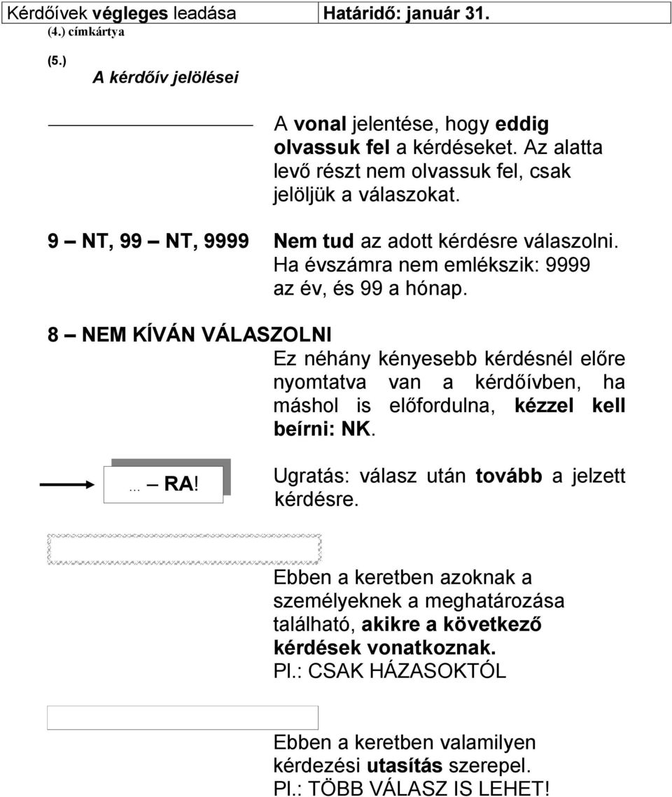 8 NEM KÍVÁN VÁLASZOLNI Ez néhány kényesebb kérdésnél előre nyomtatva van a kérdőívben, ha máshol is előfordulna, kézzel kell beírni: NK. RA! Ugratás: válasz után tovább a jelzett kérdésre.